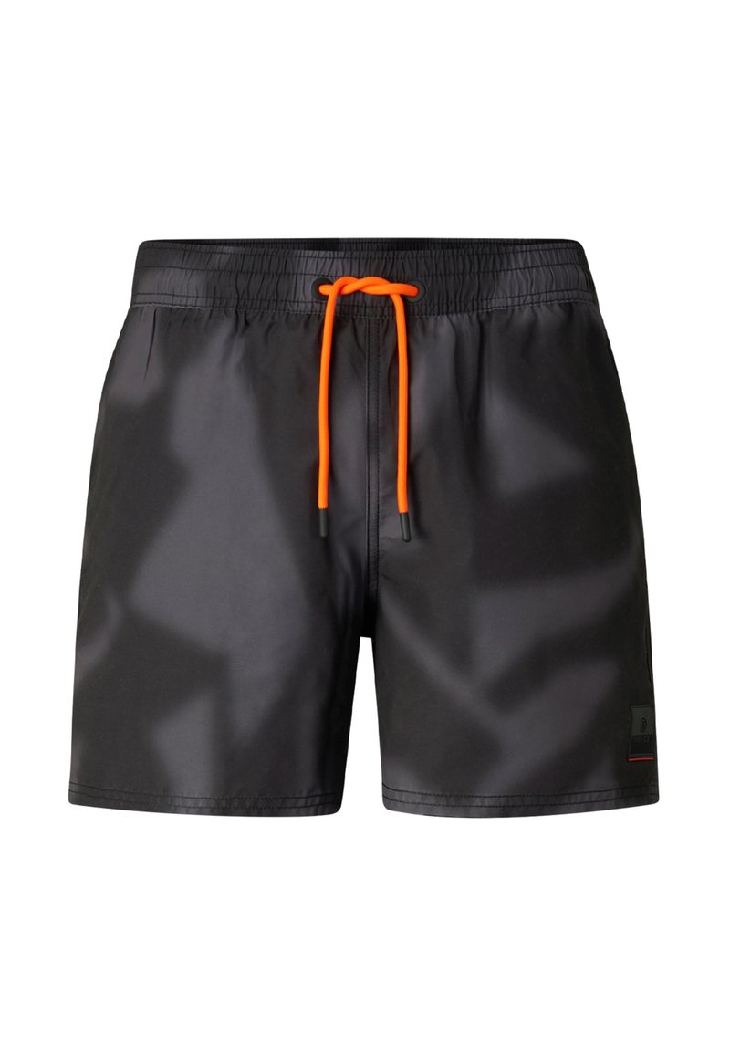 Short de bain noir avec une taille élastique et un cordon de serrage orange vif à l'avant.