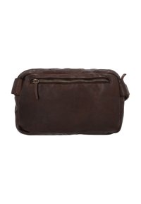 Brown leather bag with a zippered front pocket, rectangular shape, soft texture, and adjustable strap. Minimalist design without external patterns.
