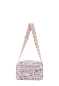 Borsa a tracolla beige con un motivo logo testurizzato, hardware dorato e una tracolla regolabile a fantasia. Forma rettangolare compatta.