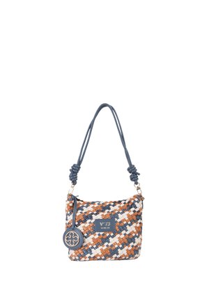 Kleine schoudertas met een geweven patroon in blauw, bruin en wit, met een ronde decoratieve hanger en het label "V°73 Venezia".