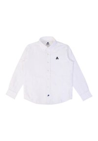 Weißes Langarmhemd mit einem Button-Down-Kragen. Mit einem dunkelblau gestickten Totenkopf-Logo auf der linken Brust und einem kleinen blauen Emblem am Saum.
