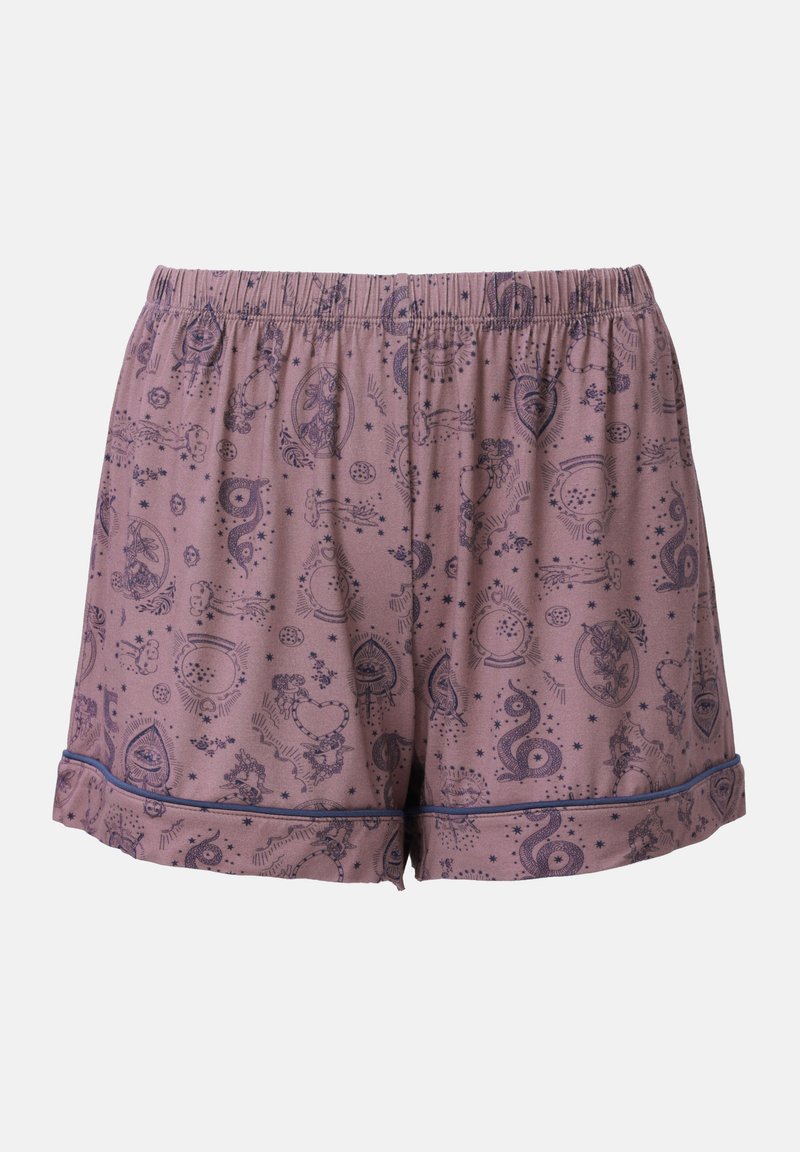 Pantaloni corti di cotone viola con cintura elastica, dotati di una stampa elaborata di motivi celestiali e di un bordo blu scuro a contrasto.