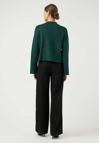Zielony sweter o teksturowanym wykończeniu, skróconym kroju i długich rękawach, w połączeniu z czarnymi, wysokimi spodniami szerokimi w nogawkach i szpilkami.