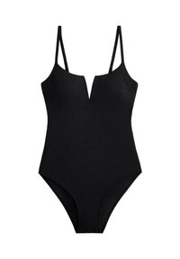 Črno rebrasto enodelne kopalke z V-izrezom, nastavljivimi naramnicami in visokim izrezom na nogah; gladka tekstura in minimalni oblikovalski detajli.