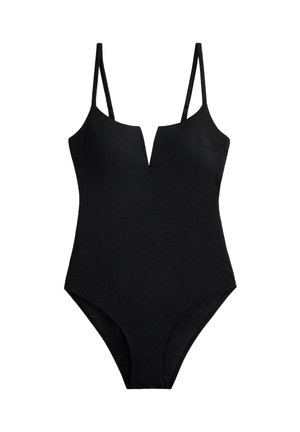 Čierne rebrované jednodielne plavky s V-výstrihom, nastaviteľnými ramienkami a vysokým strihom na nohách; hladká textúra a minimalistický dizajn.
