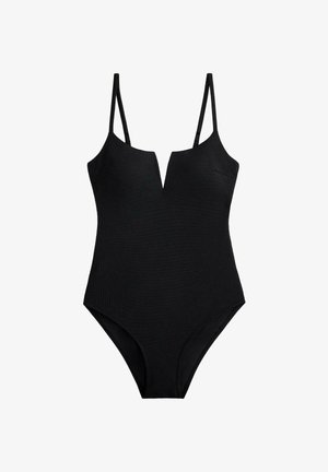 Czarny, prążkowany jednoczęściowy kostium kąpielowy z dekoltem w kształcie litery V, regulowanymi ramiączkami oraz wycięciami na nogi w stylu high-cut; gładka faktura i minimalistyczne detale.