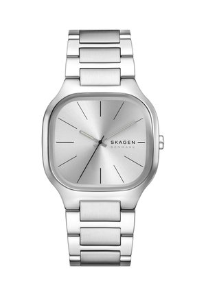 Sølv Skagen Denmark armbåndsur med firkantet urskive, minimalistisk skive med tynde sorte timemarkører og matchende sølv metalledsrem.