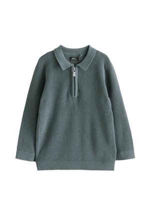Pletený sveter s dlhými rukávmi v tlmenom zelenom odtieni s preloženým golierom a predným zapínaním na štvrťzips, rebrovanými manžetami a lemom.