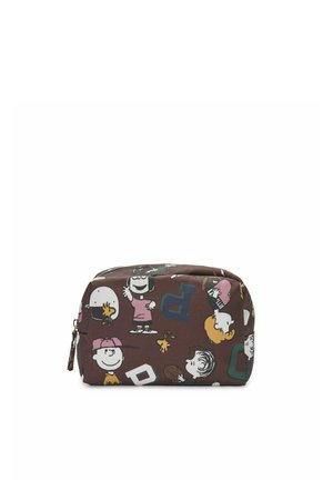 Pochette marron zippée avec des personnages de dessins animés et des lettres colorées imprimées sur tout le tissu.