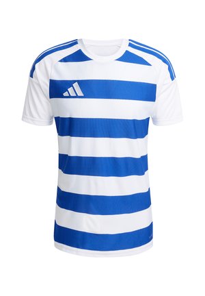 Kurzärmeliges Sporttrikot mit horizontalen blauen und weißen Streifen, Rundhalsausschnitt und blauem Adidas-Logo auf der Brust.