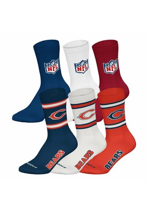 Sechs NFL Chicago Bears Socken in Marineblau, Weiß und Orange mit NFL- und Bears-Logos sowie gestreiften Mustern.