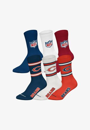 Sechs NFL Chicago Bears Socken in Marineblau, Weiß und Orange mit NFL- und Bears-Logos sowie gestreiften Mustern.