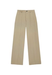 Beige wijde pijpen broek van soepel materiaal, met een voorrand, knoopsluiting en riemlussen. Eenvoudig ontwerp zonder patronen.
