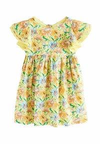 Gelbes Blumenkleid mit kurzen, gerafften Ärmeln, das mit rosa und blauen Blumen verziert ist. Elastischer Bund und ein Knopfverschluss auf der Rückseite. Leichter Stoff.