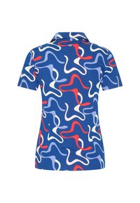 Short-sleeve polo shirt in blue featuring a multi-colored wave pattern. Made of cotton with a classic collar and three-button placket.