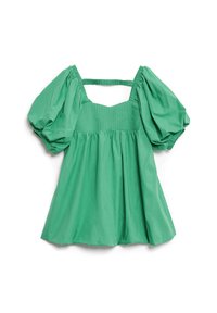 Πράσινη μπλούζα με φουσκωτά μανίκια και τετράγωνη λαιμόκοψη, με ραφή στο ύφασμα και ανοιχτή πλάτη, φτιαγμένη από ελαφρύ ύφασμα.