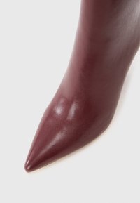 Botte à talon haut en cuir bordeaux avec un bout pointu, présentant une texture lisse et un design élégant. Accent doré sur le talon.