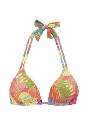Triangle bikini top with colorful tropical leaf patterns and a bow tie closure at the neck.