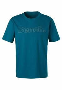 Türkises Baumwoll-T-Shirt mit kurzen Ärmeln und Rundhalsausschnitt. Mit einem großen grauen "Bench."-Logo auf der Vorderseite.