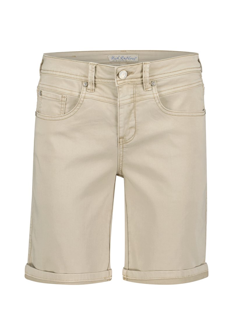 Beige denim shorts med en rullet kant, featuring for- og baglommer, metalknaplukning og subtile syninger.