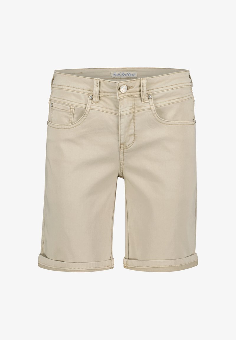 Beige denim shorts med en rullet kant, featuring for- og baglommer, metalknaplukning og subtile syninger.