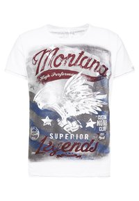 Camiseta de algodón blanca con un estampado gráfico que presenta acentos rojos y azules, con el texto "Montana" y "Superior Legends", y un diseño de águila.