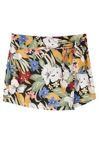 Falda corta floral en tela de algodón, con un fondo negro y flores en blanco, amarillo, azul y rojo, además de un detalle de cintura con lazo.