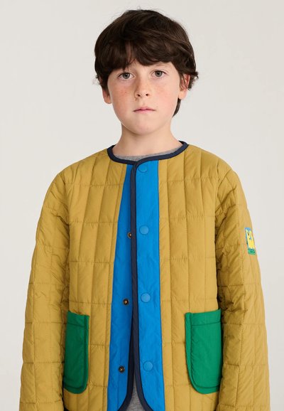 Enfant aux cheveux courts et foncés portant une veste matelassée couleur moutarde avec une doublure bleue et des poches vertes, regardant droit devant avec une expression neutre.