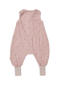 Helles rosa Musselin-Body mit kleinen roten und blauen Mustern. Verfügt über ein ärmelloses Design, elastische Bündchen und eine lockere Form für mehr Komfort.