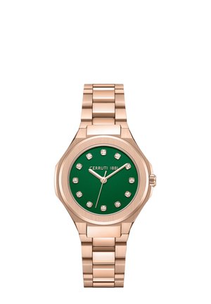 Armbåndsur i rosaguldfarvet metal med grøn urskive, diamant-timeindikatorer og tre visere, der viser 10:10:35, Cerruti 1881-mærke på urskiven.