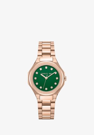 Armbåndsur i rosaguldfarvet metal med grøn urskive, diamant-timeindikatorer og tre visere, der viser 10:10:35, Cerruti 1881-mærke på urskiven.