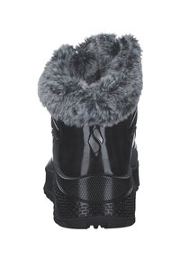 Botas de imitación de cuero negro con un cuello de piel sintética gris, que presentan un tacón texturizado, un empeine liso y un discreto detalle del logo en el lateral.