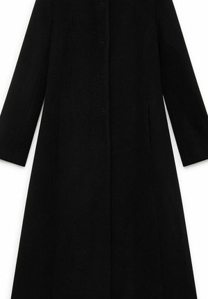 Manteau long noir en mélange de laine, avec une coupe droite, fermeture à boutons, sans ornements ni motifs visibles.