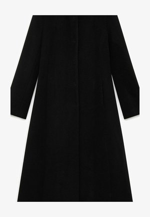 Manteau long noir en mélange de laine, avec une coupe droite, fermeture à boutons, sans ornements ni motifs visibles.