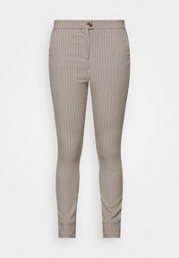 Bukser i houndstooth-mønster med en brun og cremefarvet farveskema, slim fit, knaplukning og en glat tekstur.