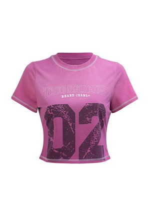 Short pink cropped t-shirt with contrast stitching, featuring a graphic "TRUE RELIGION" logo and large black "02" print on the front.