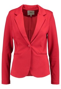 Blazer rouge en tissu extensible, doté d'un col cranté, d'une fermeture à un bouton et de deux poches avant, avec une coupe cintrée.