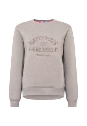 Hellgrauer Sweatshirt mit gerippten Bündchen und Saum. Mit besticktem Text "HAPPY VIBES SHINE BRIGHT". Weiches Material mit lockerer Passform.