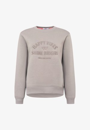 Jasnoszary sweatshirt z prążkowanymi mankietami i dołem. Zawiera haftowany tekst "HAPPY VIBES SHINE BRIGHT." Miękka tkanina o luźnym kroju.