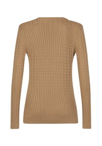 Beige Strickpullover mit geripptem Muster, langen Ärmeln und rundem Halsausschnitt, körpernaher Schnitt und einem strukturierten Design.