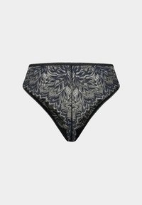 Schwarze Spitzenstrings mit floralen Blattmustern und gewellten Kanten auf einem hellgrauen Hintergrund.