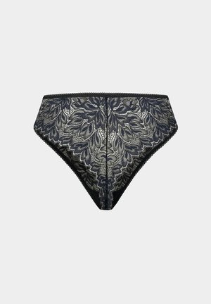 Zwarte kant onderbroek met bloem- en loofpatronen en scalloped randen op een lichtgrijze achtergrond.