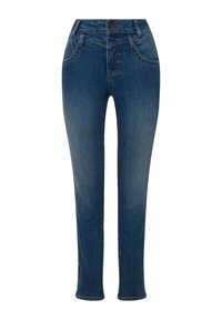 Tummansiniset farkut, joissa on suora lahjetyyli, keskikorkea vyötärö, etutaskut ja punaiset ompeluaccetit. Sileä pinta, klassinen leikkaus.