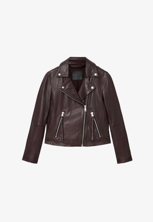 Brown leather biker jacket with a notched collar, asymmetrical zip closure, and two front zip pockets. Features silver hardware accents.