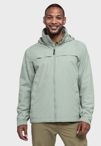 Hellgrüne wasserdichte Jacke mit Reißverschluss vorne, Kapuze und elastischen Bündchen. Verfügt über eine flache Brusttasche und Seitentaschen für Stauraum.