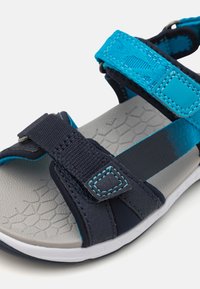 Marinblå och turkosa sportsandaler med justerbara remmar, texturerad grå sula och en vit gummiyttersula med mönstrat grepp.