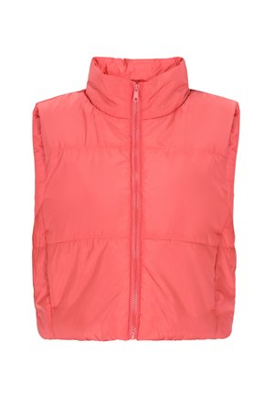 Vest căptușit de culoare coral strălucitoare, cu guler înalt și fermoar pe întreaga lungime. Material neted, ușor, fără mâneci.