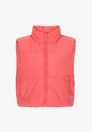 Vest căptușit de culoare coral strălucitoare, cu guler înalt și fermoar pe întreaga lungime. Material neted, ușor, fără mâneci.