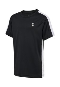 Zwarte sportt-shirt met korte mouwen, witte zijpanelen, ronde halslijn en een klein logo met drie chevrons op de borst.