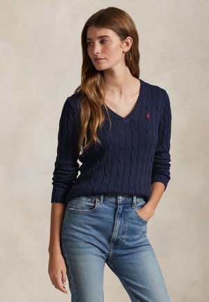 Polo Ralph Lauren, CABLE-KNIT COTTON V-NECK SWEATER - Striktrøje - hunter navy